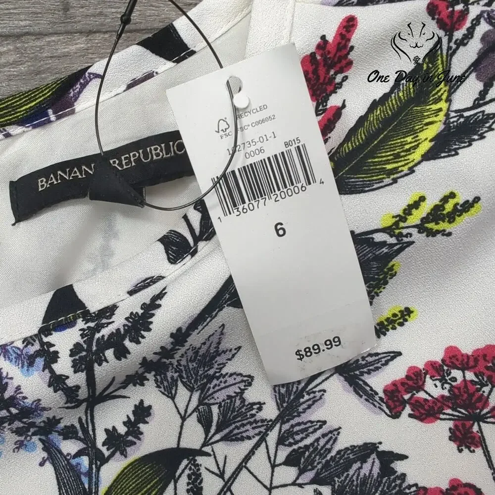 Banana Republic Floral Fit & Flare Dress White 3/4 Sleeve NWT Size 6